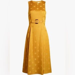 TED BAKER Innabel Belted Pleated Polka Dot Sleeveless Midi Dress, Yellow, Size 4